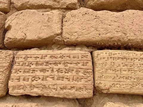 Ancient stone wall with Cuneiform text and script in Mesopotamia, Chogha-zanbil, 库存照片