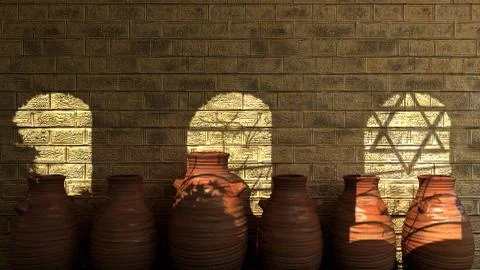 Ancient stone wall with shadows, pitchers and religions symbols Stock Illustration