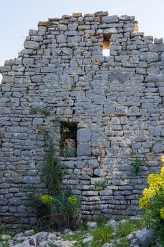 Ancient stone wall with weathered texture and yellow wildflowers Stock Photos