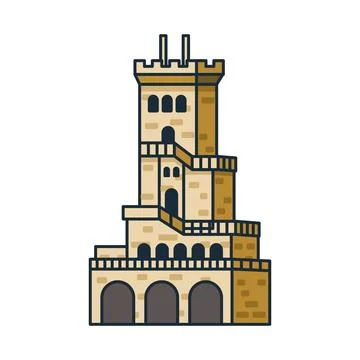 Ancient stone watchtower with external staircase and arches. Illustration. .. Ilustración de archivo