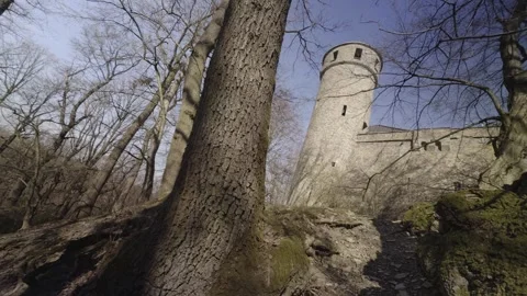 Ancient Stone Watchtower Framed by Spring Trees Stock Footage 330182965