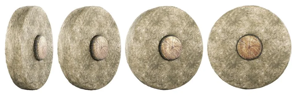 Ancient stone wheel set in multiple angles. 3D rendering Illustration