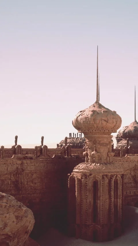 Ancient structure stands against clear sky in a remote desert location Video stock 339508664