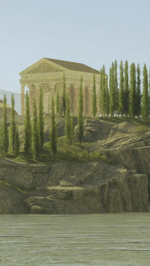 Ancient structure stands majestically over calm waters in a serene scene Video stock 340079741