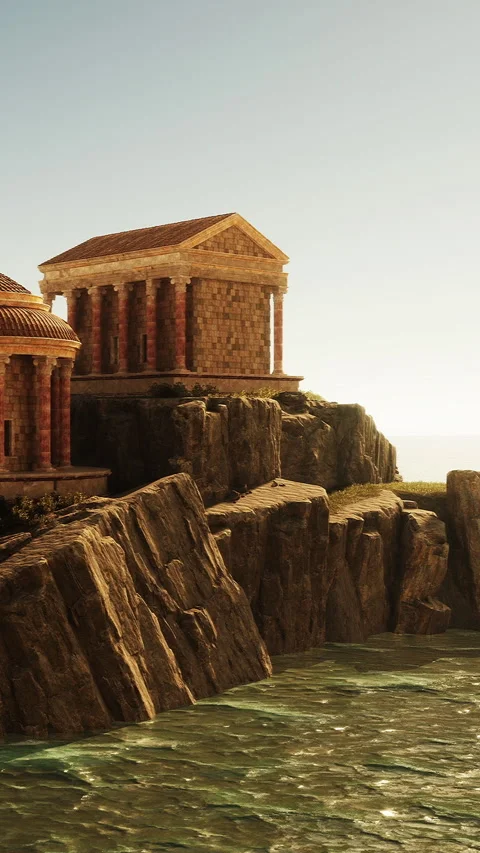 Ancient structure stands on rocky coast near the sea during sunset Video stock 339768888