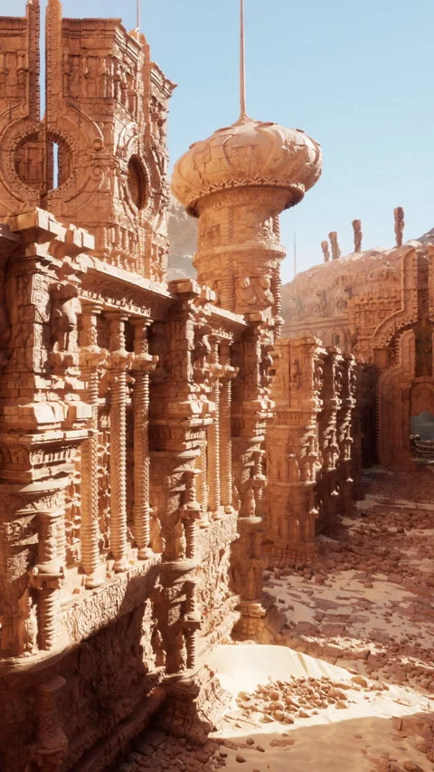 Ancient structure stands tall in a vast, dusty landscape at midday light Video stock 340281075