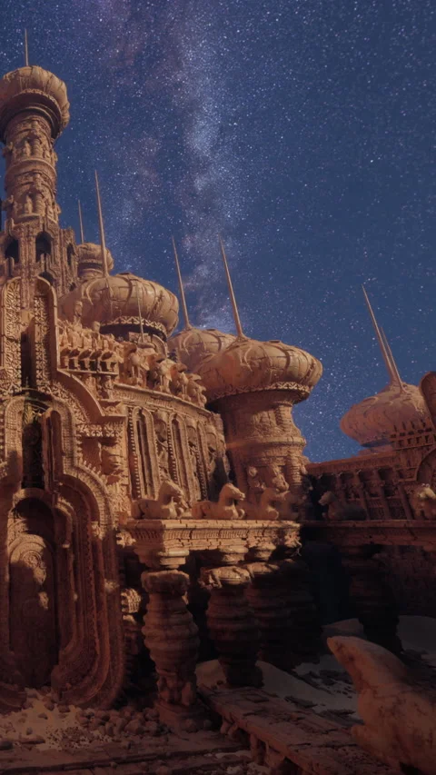 Ancient structure stands under a starry sky in a desert location Video stock 339509393