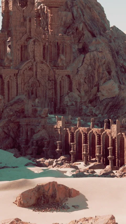 Ancient structures showcase detailed carvings in rocky landscape Video stock 340880093