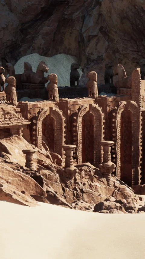 Ancient structures stand among rocks and sand in an unknown location Video stock 339508743