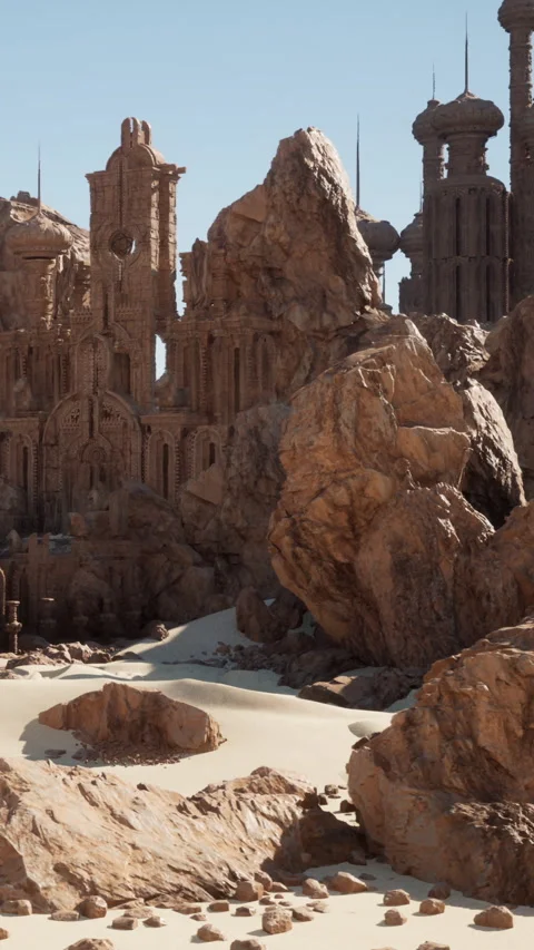 Ancient structures stand among rocks in a desert under a clear sky Video stock 340878165