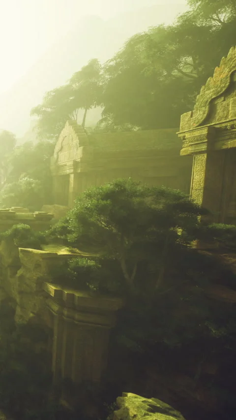 Ancient structures stand in misty landscape during early morning hours Video stock 339945432