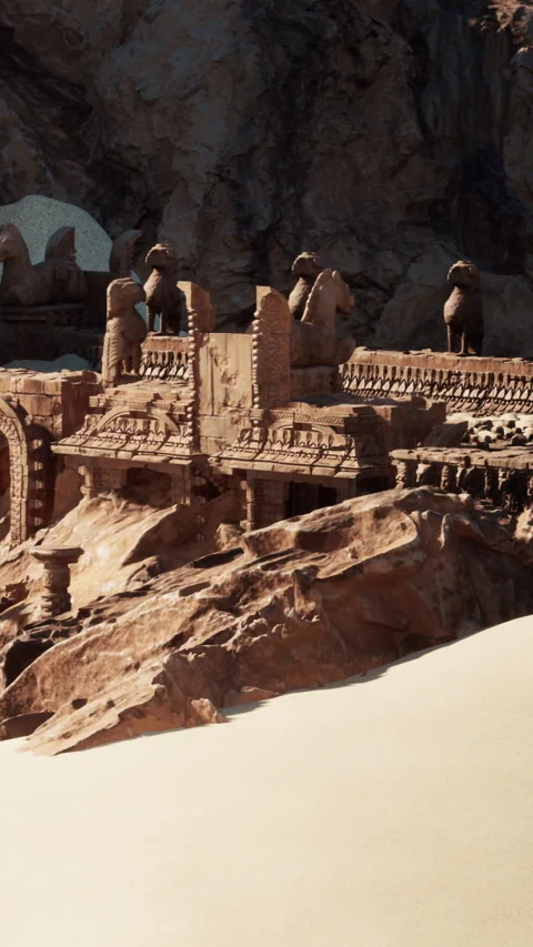 Ancient structures stand in sand beside rock formations in a desert region Video stock 340867613