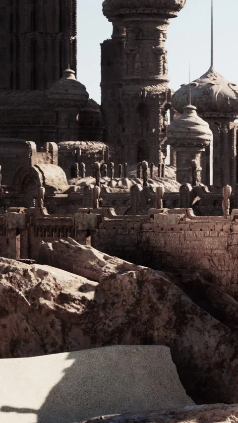 Ancient structures stand tall against the clear sky in a desert landscape Video stock 340879333