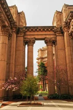 Ancient-style columns with blooming trees in a serene urban setting Stock-Fotos