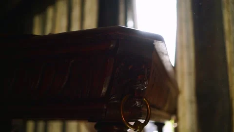 Ancient table with decorative lion against bright sunlight Stock Footage 133242973