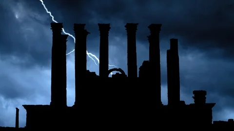 Ancient Temple of Artemis in Jerash, Jordan. Lightning and Thunderstorm Stock Footage 127129688