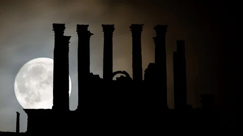 Ancient Temple of Artemis in Jerash, Time Lapse by Night with Full Moon, Gerasa Stock Footage 127129893
