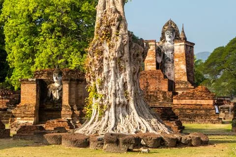 Ancient temple with Buddha statue in Sukhothai Hist Park, Thailand Stock Photos