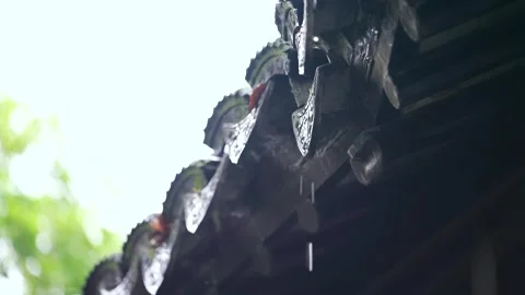 Ancient Temple Eaves with Falling Raindrops Stock Footage 346108000