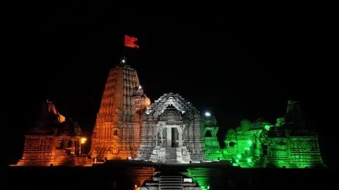 Ancient temple illuminated with colorful lights at night, highlighting trad.. Stock Footage 305985196