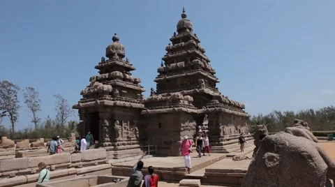 Ancient temple of Mahabalipuram view from Outside with People walking Stock Footage 61182001