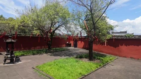 Ancient Temple Red Wall Courtyard Prayer Tree Panoramic View Stock-Footage 347486683