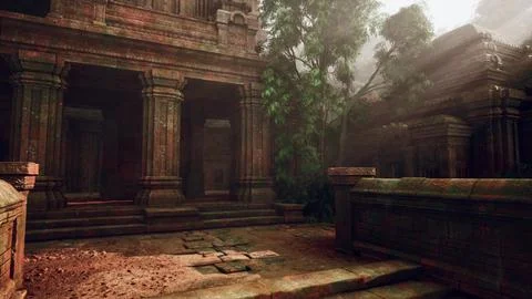 Ancient Temple Ruins Embedded in Dense Forest Ilustración de archivo