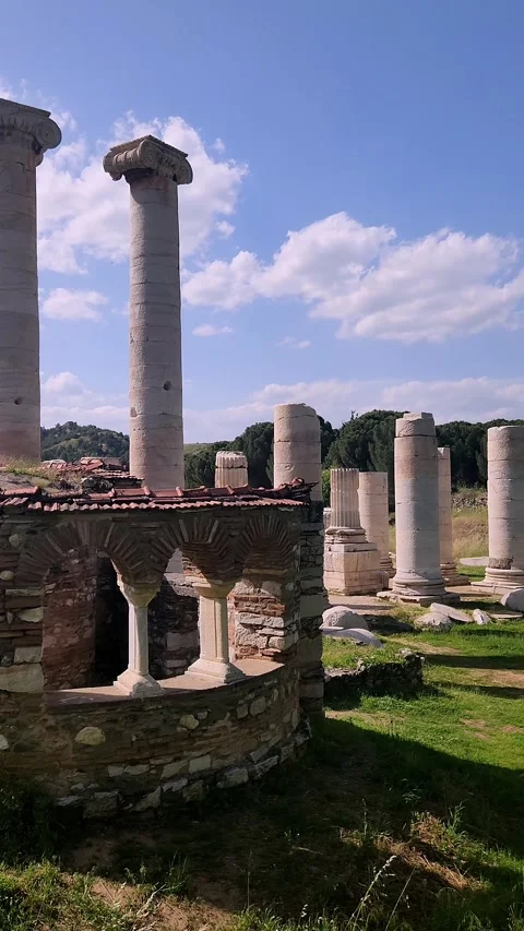Ancient temple ruins with marble columns and historic church building Stock Footage 337845979