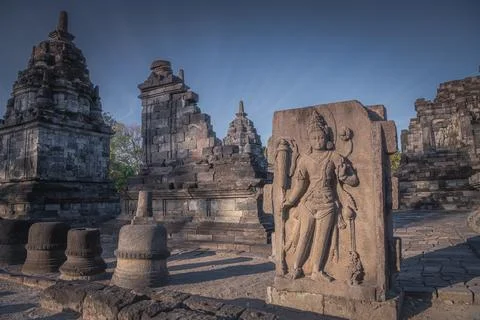 Ancient temple ruins of Prambanan (Candi Prambanan) a 9th-century Mahayana Bu Stock Photos