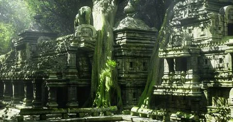 Ancient temple ruins surrounded by lush greenery in a tropical setting Stock Illustration