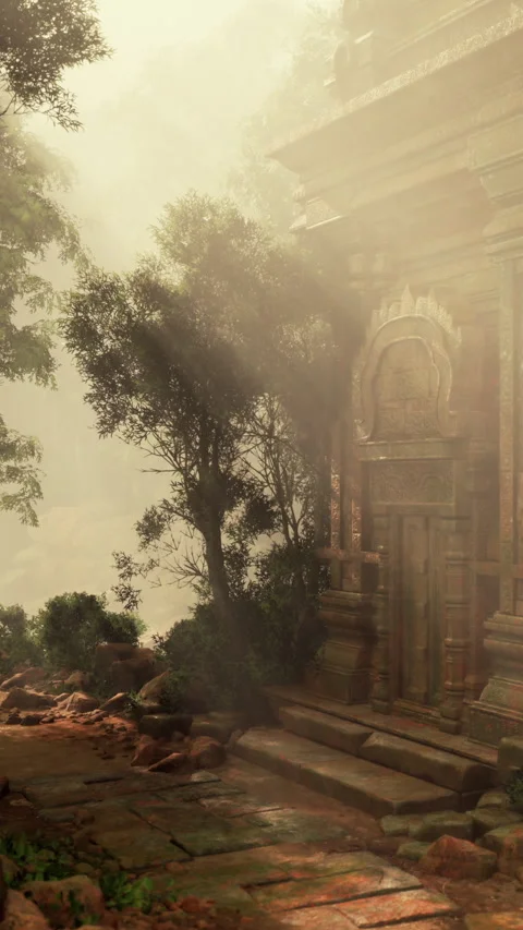 Ancient temple ruins surrounded by trees and sun rays in a forest Stock Footage 340643206