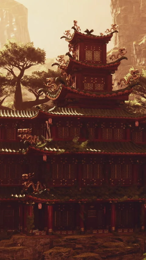 Ancient temple stands among rocks and trees in golden hour light Stock Footage 339783005