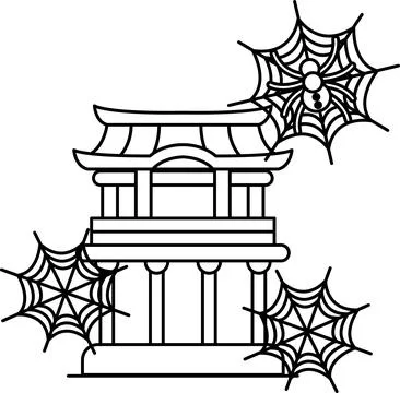 Ancient temple stands beneath eerie spiderwebs Ilustración de archivo