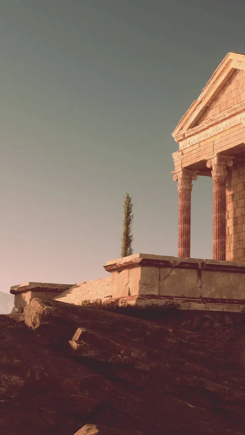 Ancient temple stands on rocky ground under clear sky with distant mountains Stock Footage 339770079