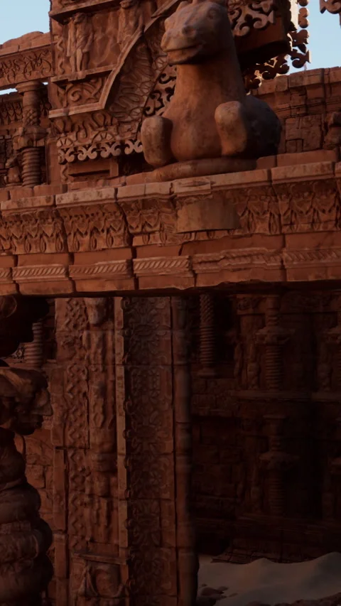 Ancient temple structure with intricate carvings and a stone figure Stock Footage 335689622