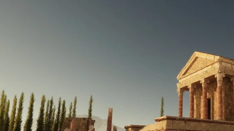 Ancient temple structure under clear sky with tall trees in the background Stock Footage 343545847