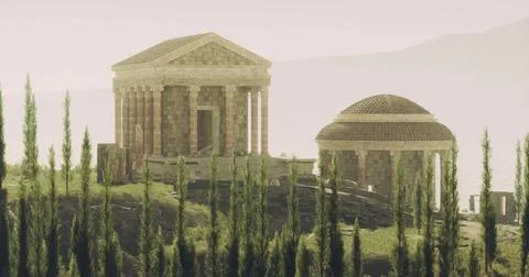 Ancient temple structures on a hillside amidst greenery at sunset Stock Illustration