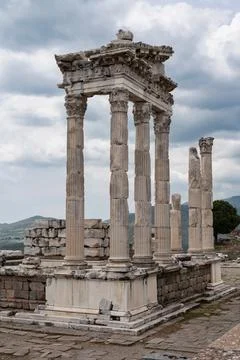 Ancient Temple of Trajan Ruins at Pergamon Acropolis, Turkey Stock Photos