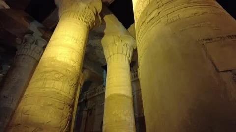An ancient temple's pillars illuminated at night,Kom Ombo Egypt Stock Footage 218125984