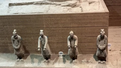 Ancient Terracotta Warriors Standing in a Pit at Qin Shi Huang's Mausoleum, Видео 337093254