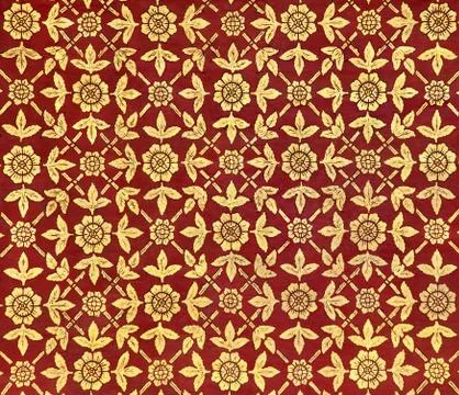 Ancient Thai Design on The Ceiling  With Patterns of Golden Leaves and Flowers Stock Photos