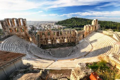 Ancient theater in summer day in Acropolis Greece, Athnes Stock Photos