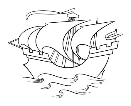 Ancient three-masted sailing ship sailing on cresting waves Ilustração Stock