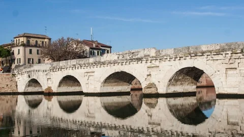 Ancient Tiberio roman bridge in Rimini Stock Footage