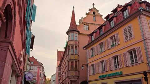 Ancient timber-framed house details in Colmar panning right, 4K Stock Footage 340846809