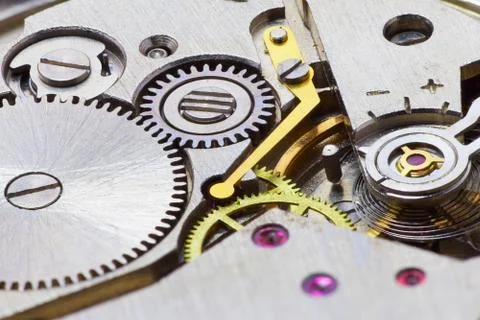Ancient tiny metal clockwork close up Stock Photos