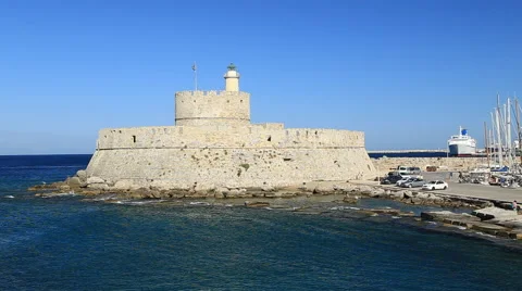 Ancient Tower and Fort of Saint Nicholas in Rhodes, Greece Stock-Footage 64796745
