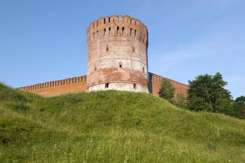 Ancient tower "Eagle" in a summer landscape on a sunny July day. Smolensk Stock Photos