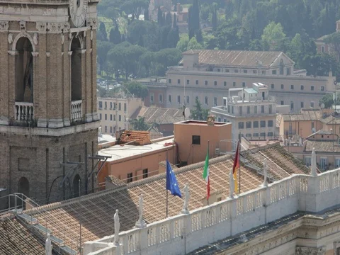 Ancient tower with flags of rome Stock Footage 74504993