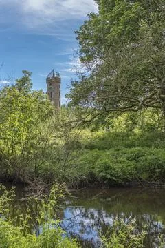 Ancient tower rises above leafy green canopy Stock Photos